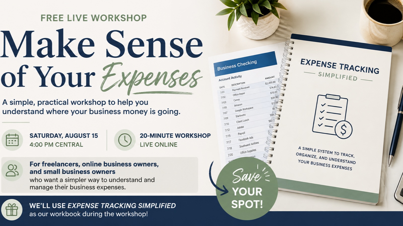 Your business expenses shouldn't leave you scratching your head. 🤔💸

If you have transactions, receipts, subscriptions, and bank statements—but still aren't sure where your business money is going—let's fix that.

I'm going LIVE tomorrow for:

✨ Make Sense of Your Expenses ✨

A free, 20-minute workshop where we'll actually work through a simple system together.

You'll learn how to:

✓ See where your money is going
✓ Organize expenses simply
✓ Spot expenses you may be overlooking
✓ Use your expense information to make better decisions
✓ Decide whether DIY bookkeeping is right for you

Grab your Expense Tracking Simplified workbook + a recent bank or credit card statement and follow along with me.

📅 Saturday, August 15
⏰ 4:00 PM Central
💻 Live inside Business Finance Simplified on Skool

👉 Join through the link in my bio

Come ready to make sense of your expenses—not become a bookkeeper. 😉

#smallbusiness #smallbusinessowner #businessfinances #bookkeeping #bookkeepingtips #businessowner #entrepreneur #smallbusinessfinance #financialtips
